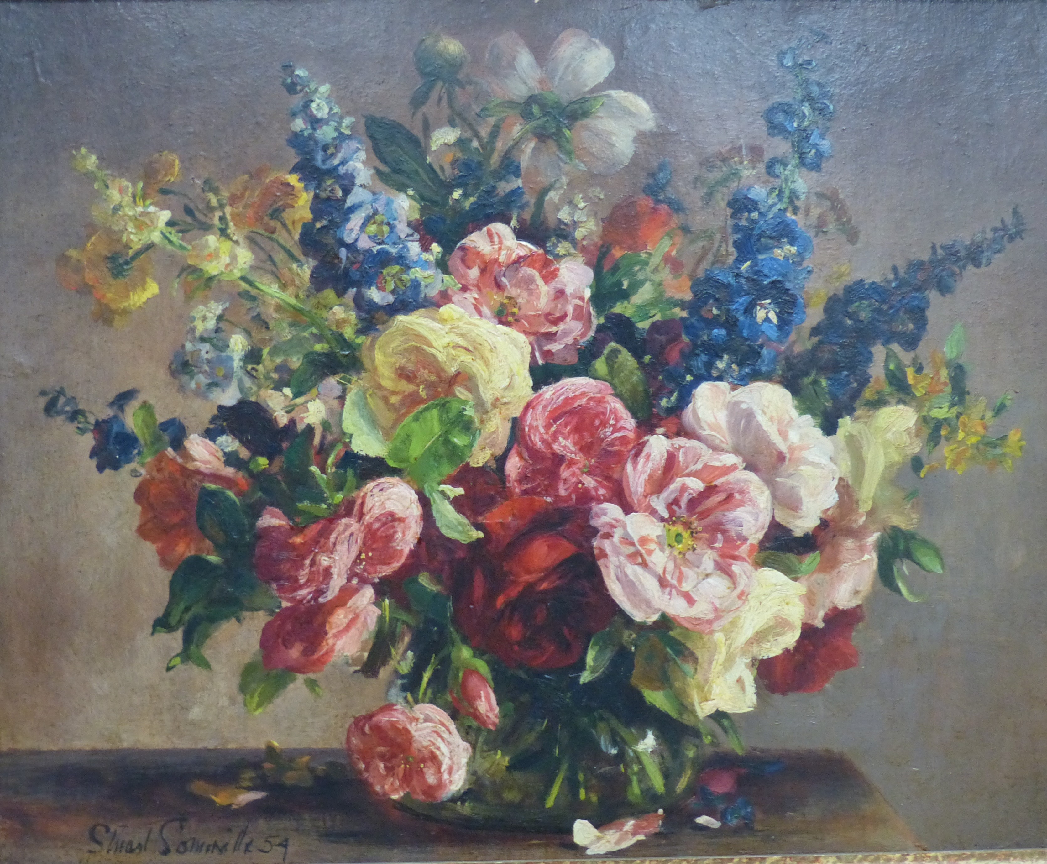 Stuart Somerville (1908-1983), oil on board, Still life of a vase of flowers, signed and dated 1954, 51 x 41cm